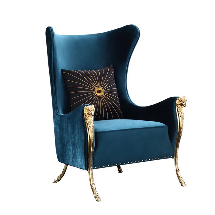 Noble Design Single Sofa Chair Rams Head Decor Pure Copper High Back Chrome Gold Finish Genuine Leather Wood Home Furniture