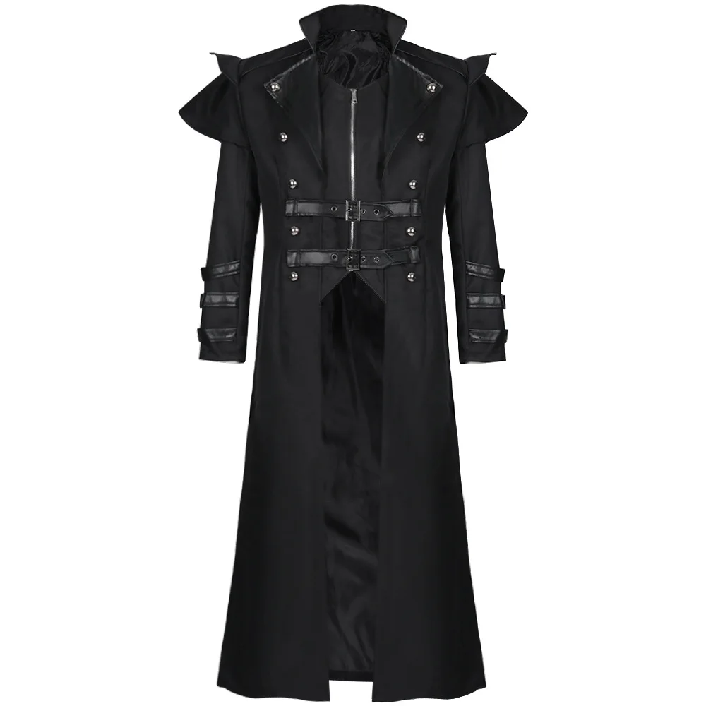 Men Medieval Steampunk Assassin Cosplay Costume Victorian Monk Gothic Black Long Coat Vintage Pirate Overcoat S-3XL