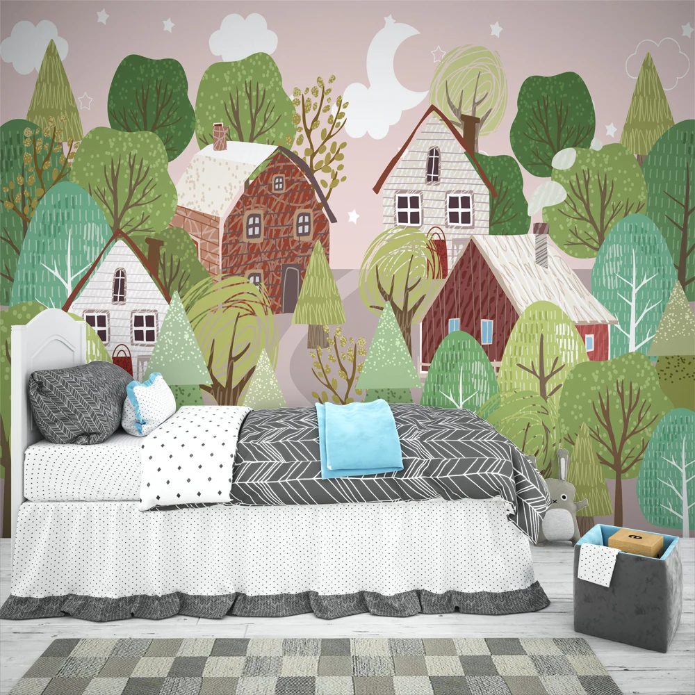 Custom 3d Photo Wallpaper For Kids Room Cartoon Hand Drawn House Tree Mural Wallpaper