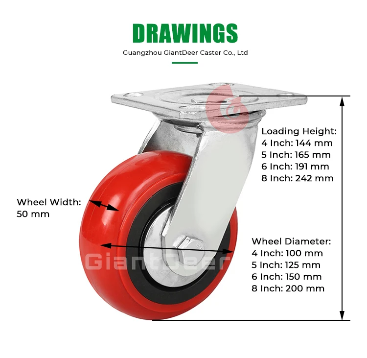 
Heavy Duty 100mm 125mm 150mm 200mm Swivel Korean Red PU Castor Wheel Casters 