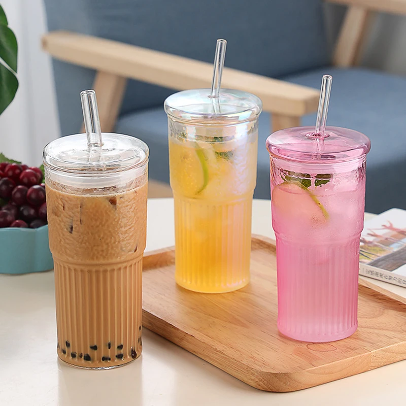 20oz Ribbed Can-shaped Tumbler Pint Glasses With Lid Glass Straws For Beer Soda Iced Coffee Boba Drinking Glasses Parties