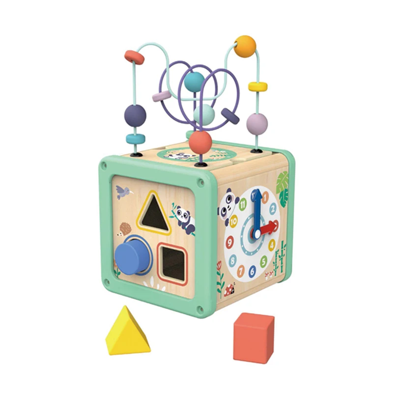 Wooden Educational Play Cube Centre Circles Bead Wire Maze Toys Shapes Matching Game Wooden Box for Kids
