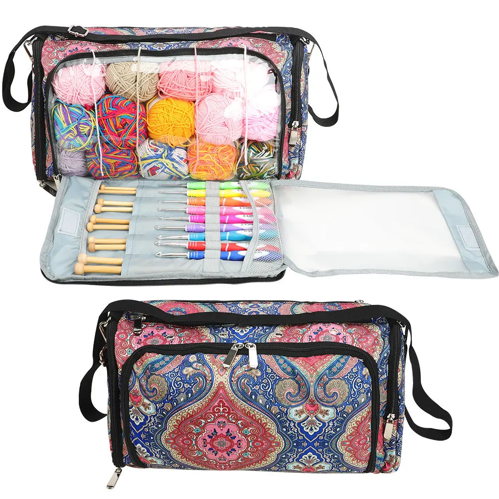Hand Woven Crochet yarn Flower graphical needle thread Long form Handbag Sewing tool Bag knitted yarn hook thread storage bag
