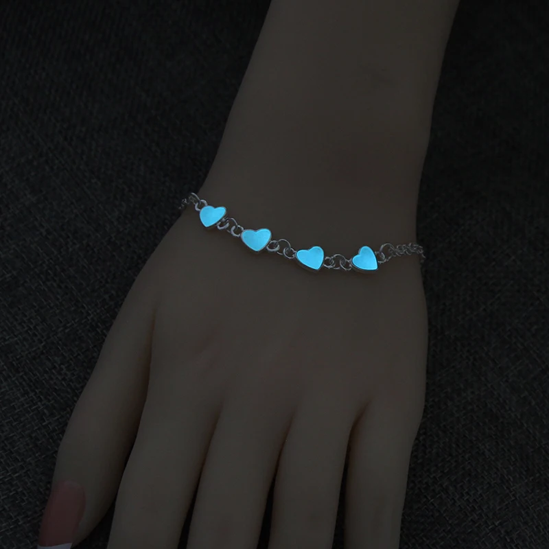 Glow In The Dark Luminous Couple Bracelets Glowing Bangle Chic Heart Charm Bracelet For Women Silver Jewelry