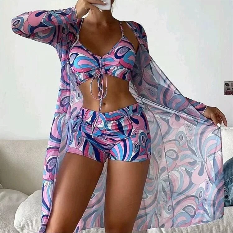 Intiflower  New Arrival Wholesale Plus Size 3 Piece Bathing Suits Cover Up High Waisted Bikini Swimsuit