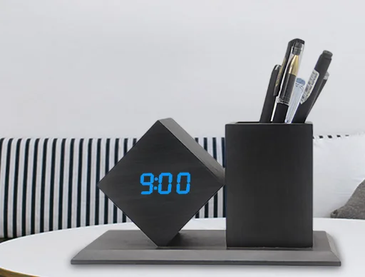 New wooden LED time display temperature display LED voice controlled alarm clock with pen holder