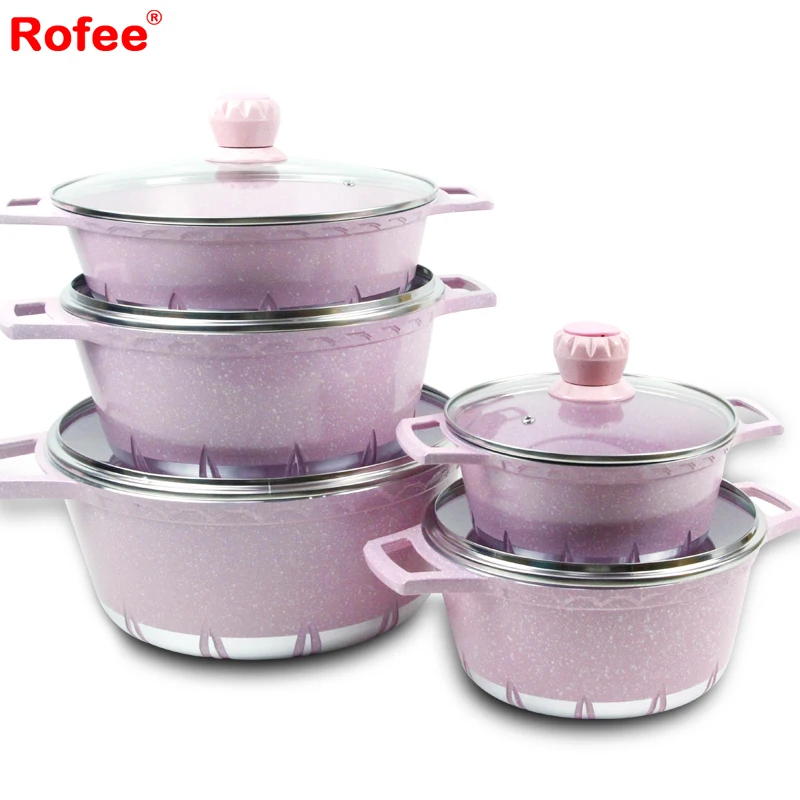 10pcs pinkish purple die cast aluminium ceramic non stick cookware casseroles set