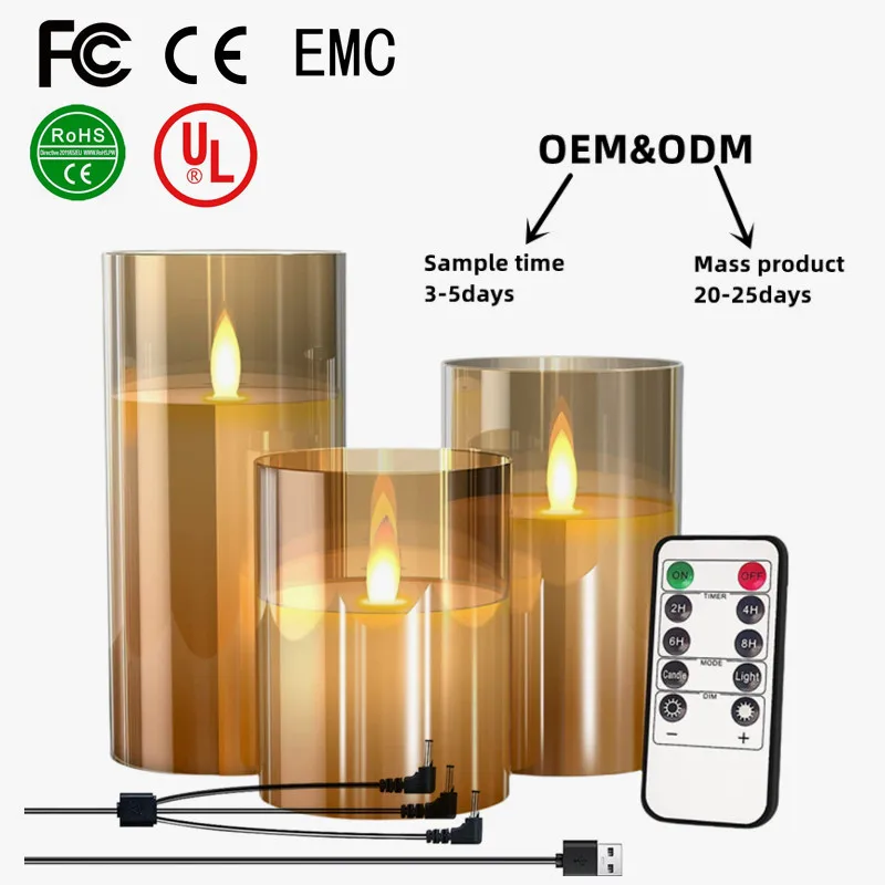 Customized Paraffin Wax Rechargeable Flameless glass LED candle with remote control flickering electronic Bougie Kerzen light