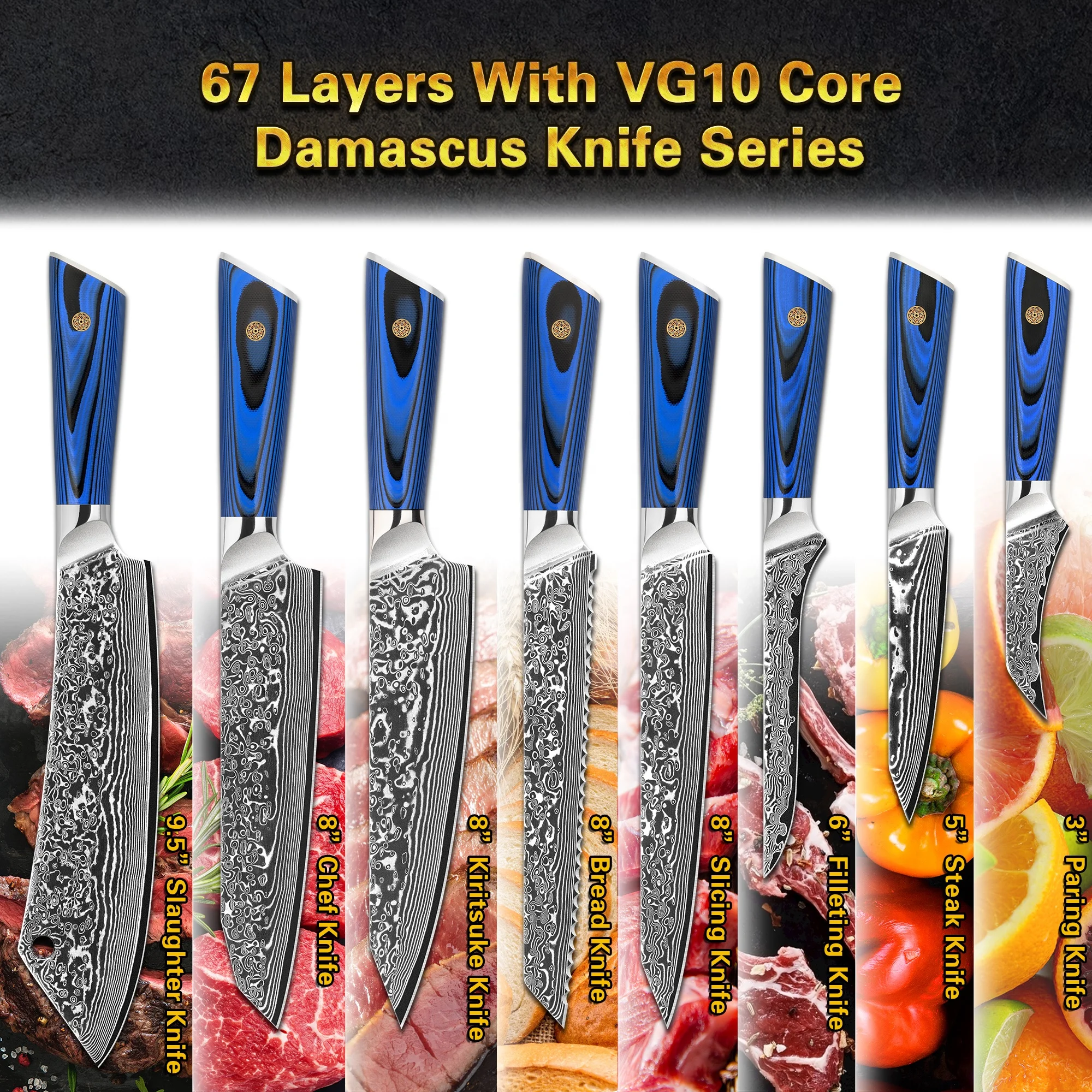 Blue G10 Handle 8 Inch Damascus steel 67 Layers VG10 Japanese Chef Knives Meat Carving Steak Slicing Knife For Amazon