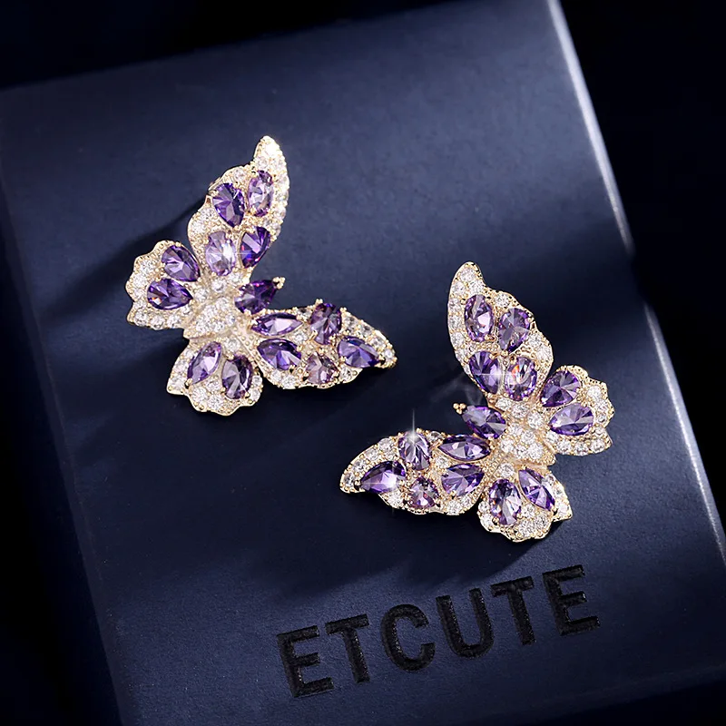 High Quality 14K Gold Plated Multi Color Cubic Zirconia Crystal Big Butterfly Stud Earrings for Girls