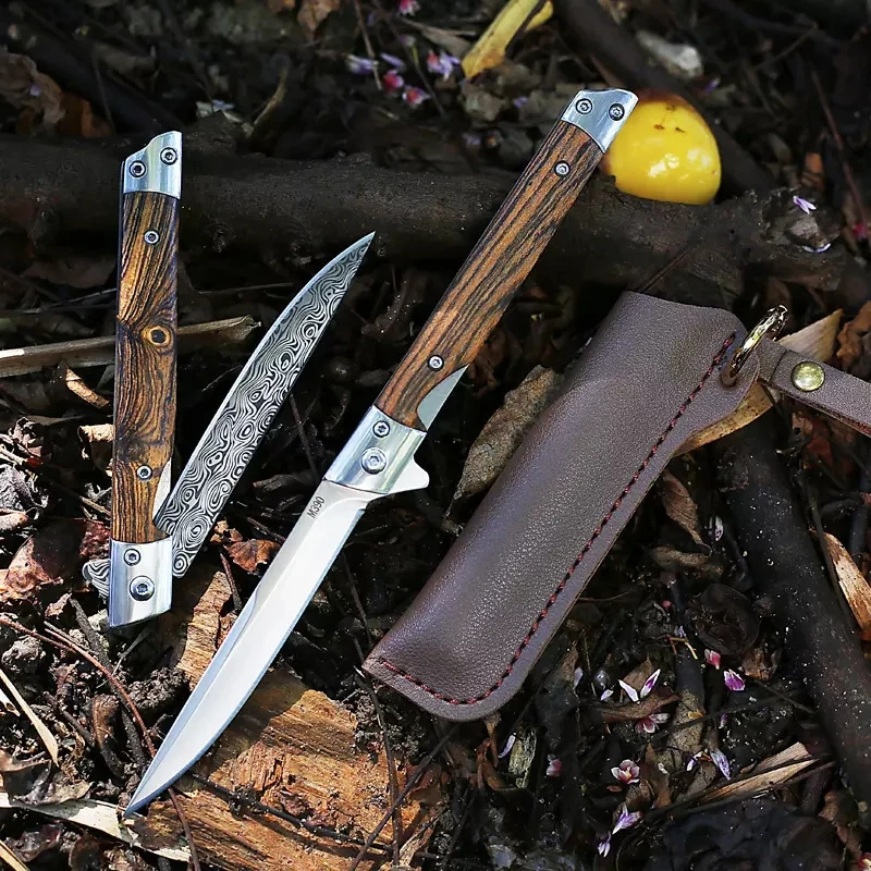 Free Sample Factoryd Price Damascus Pattern Blade Outdoor Folding Pocket Hunting Camping Survival Knife With Leather Case