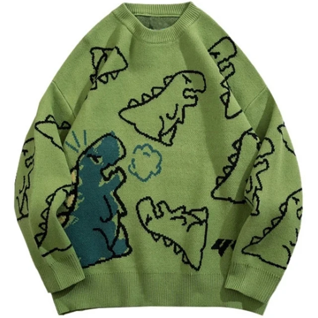 2022 New Harajuku Fashion Knitted Hip Hop Streetwear Dinosaur Cartoon Oversize Casual Couple O-Neck Vintage Sweaters