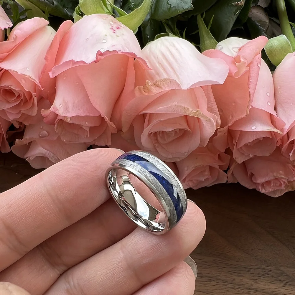 8mm Men Women Wedding Band Titanium Rings Real Meteorite & Lapis Inlay Domed Comfort Fit Tungsten Stainless Steel Available