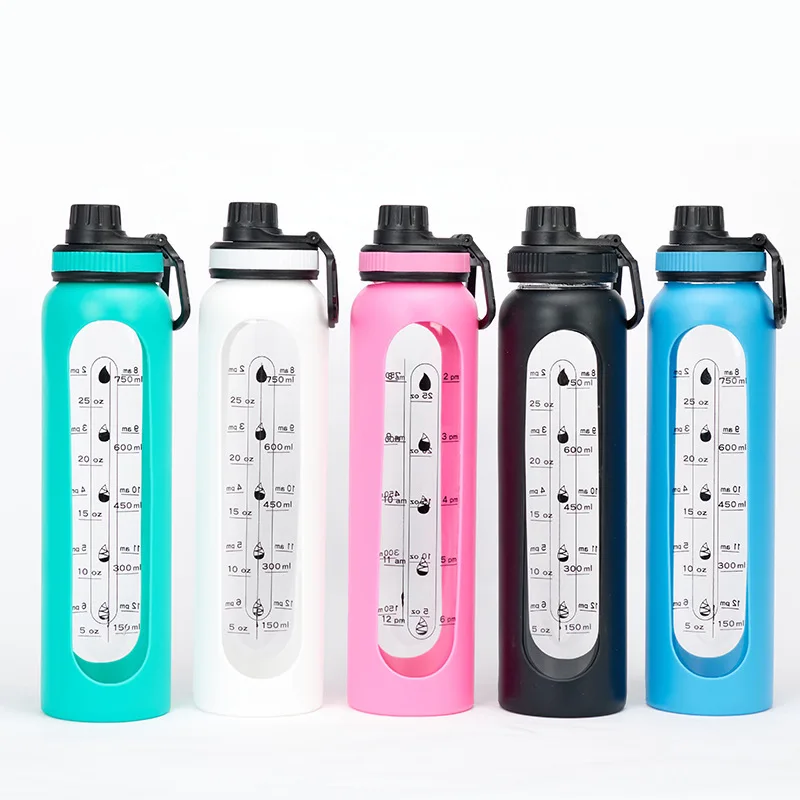 32 oz BPA Free Wide Mouth Leakproof 1 Liter Motivational Glass Water Bottle with Time Marker and Black Silicone Sleeve
