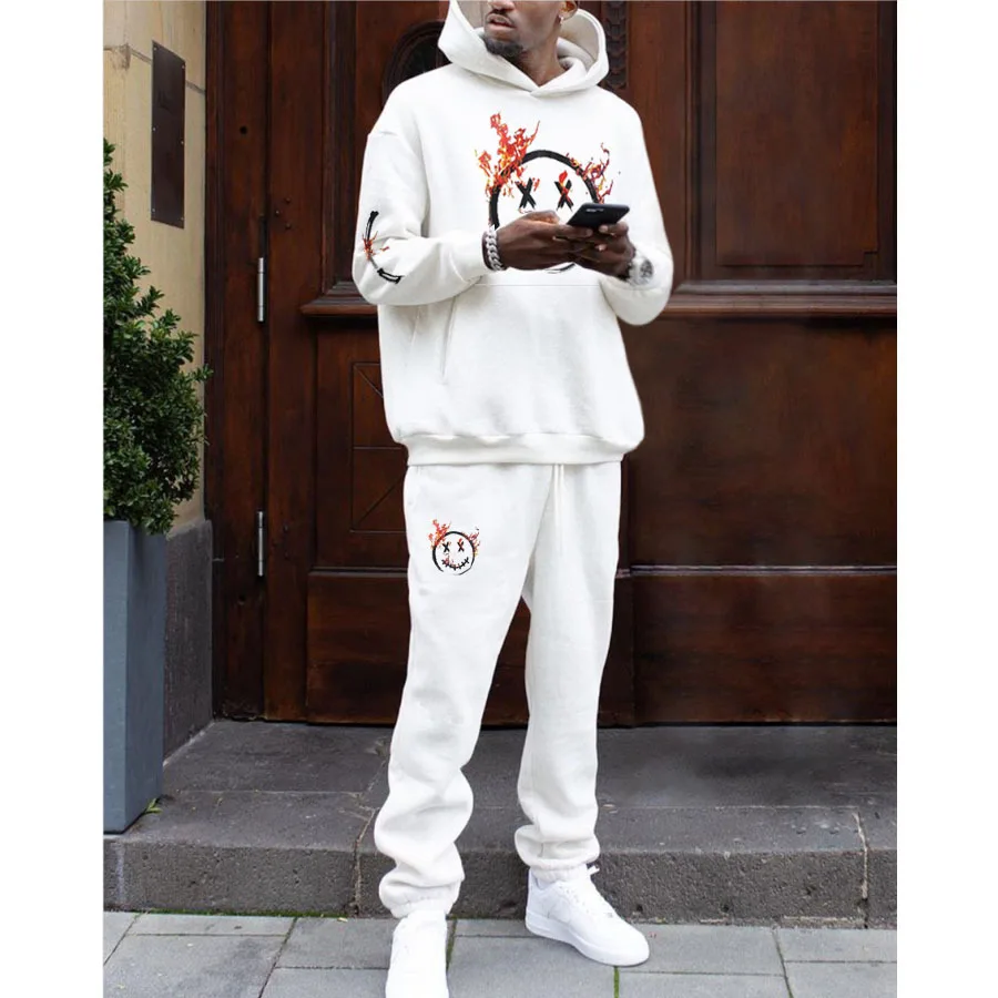 Новый стиль 100% органический хлопок спортивная толстовка с рисунком улыбки 3D огненный принт Толстовка мужской полный комплект толстовки