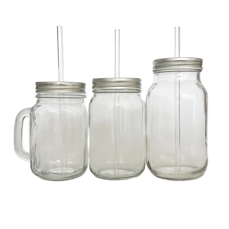 Decorative printed logo glass mason jar with straw lid custom