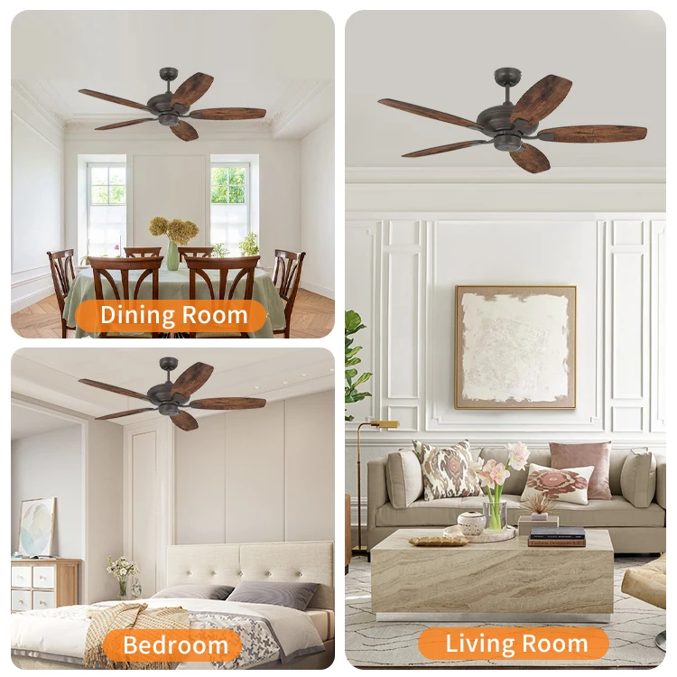 Nordic Style Silent Brushed Nickel Housing 52Inch Decorative Residential Wooden Ceiling Fan Without Light