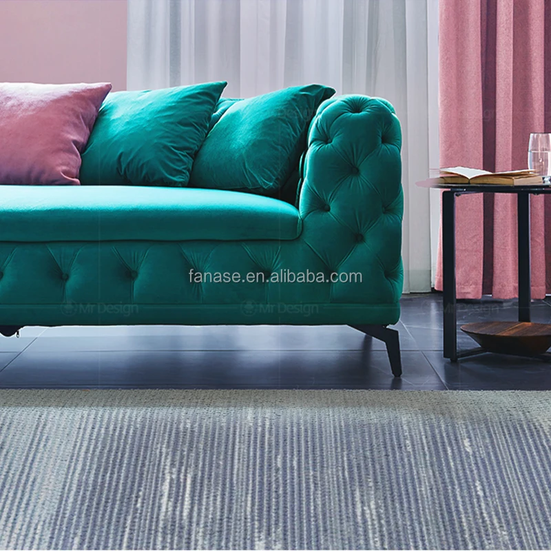 Nordic Light Luxury Fabric Sofa Villa Family Living Room Modern L-shaped Fabric Corner Pull Buckle Blue Curved Sofa
