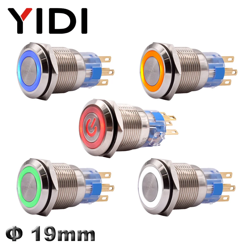 19mm LED Light Momentary Switch Latching Illuminated Metal Push Button Switch Stainless Steel White Red Green Blue Spdt 1NO 1NC