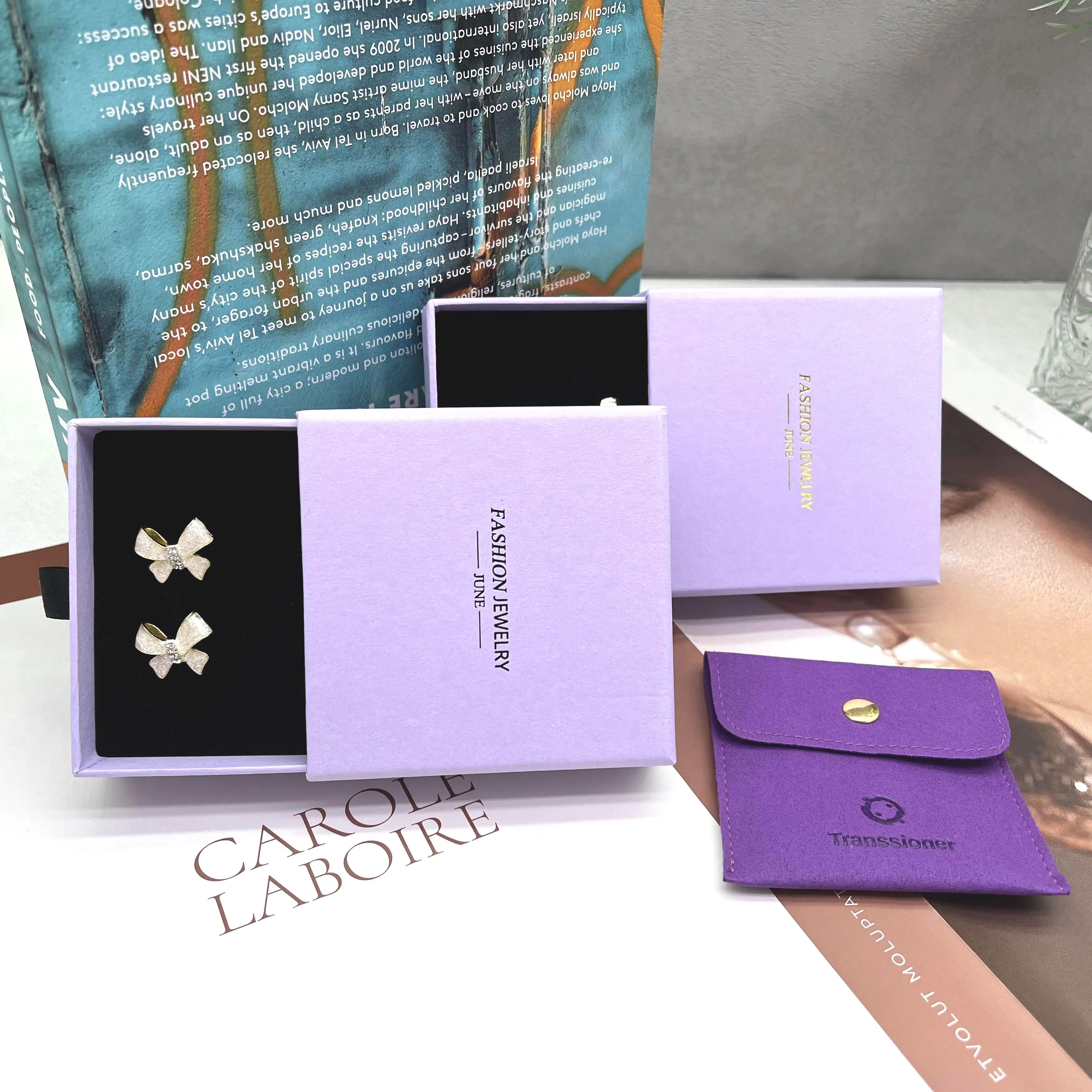 Purple Jewelry  Cardboard  Jewelry Packaging  Box and Pouch Slide Drawer Paper jewelry Box for Earring Bracelet Necklace Ring