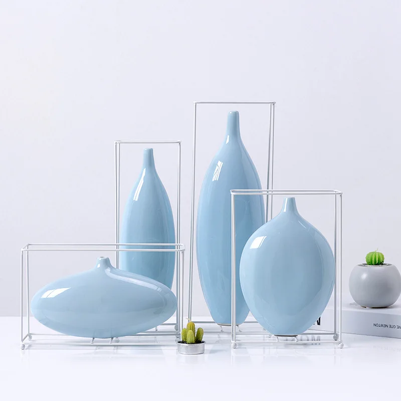 Modern home decor floor standing ceramic flower vase with metal frame