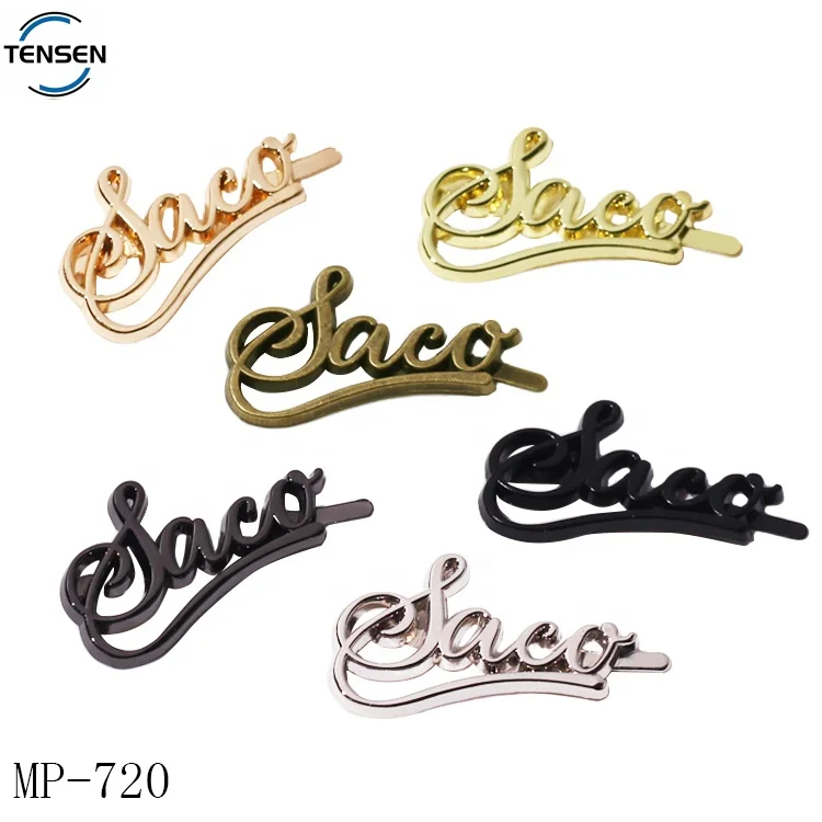 Custom multiple color letter logo plate handbags accessory metal letter tags alloy purse hardware metal name emblem for backpack