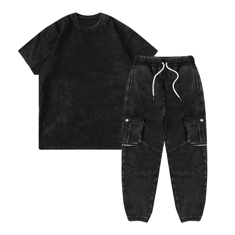 Kids Clothing Sets European and American Brand High Street Black Vintage Washed Short Sleeve Tshirt Trousers Multi Pocket Suits