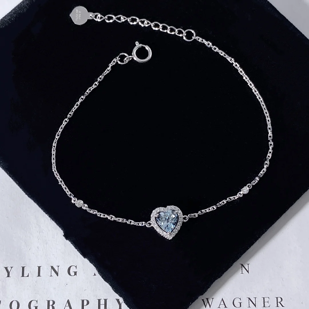 Xinfly 18k Solid White Gold Woman Diamond Aquamarine Gemstone Heart Charm Bracelet
