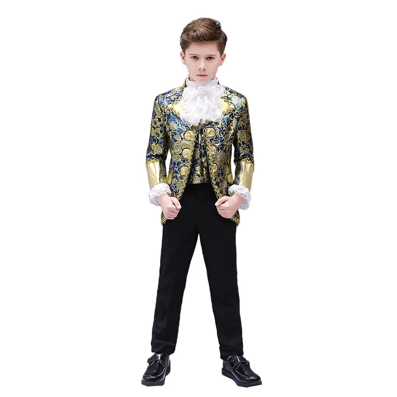 New Vintage Renaissance Antique Floral Patterns Three Pieces Children Boys Suits Performance Prince Charming Cosplay Kids Suit