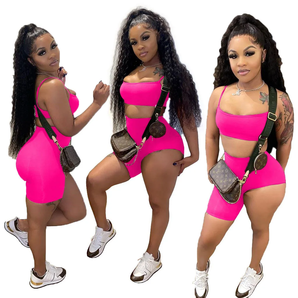 2022 Summer Neon Two Piece Low Cut 2 Piece Set Women Clothing Sport Backless Crop Top And Short Set