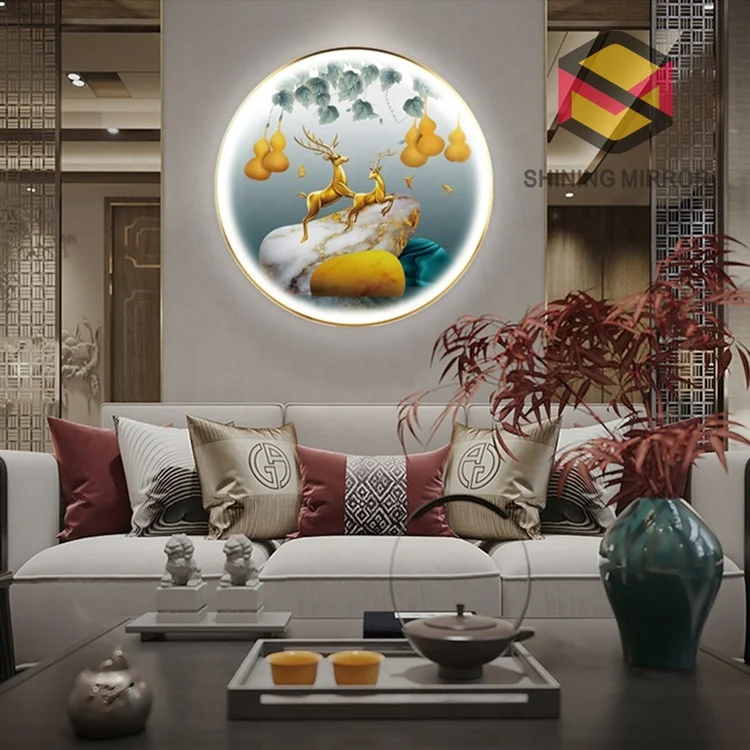 Customized Decorative 3d 5d   Art Pictures aluminum frame large round wall hanging with led light painting for sale