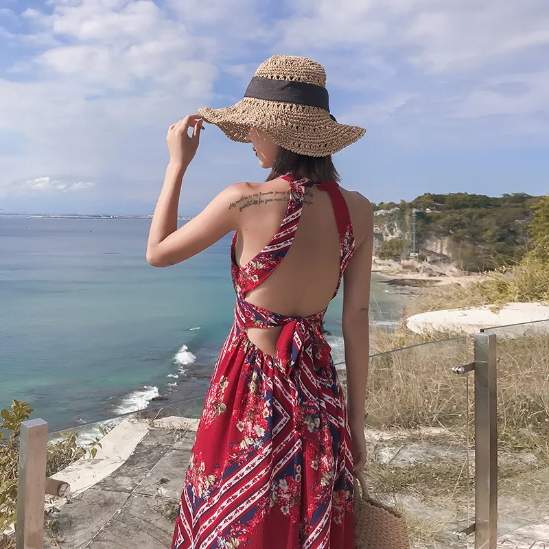 Classic Hawaiian Beach Leaky Back Skirt Wearing Sexy Casual Dresses for Island Holiday Travel
