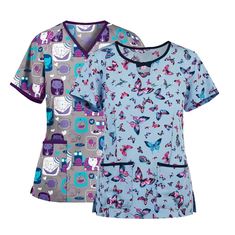 Top Selling Nursing Scrubs Short Sleeve Butterfly Print Tops Uniform For Nurse Women