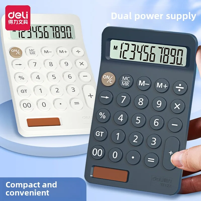 Deli TE122 Portable Business Office Calculator Dual Power Supply Small Hit Style Digital Solar Battery for School Wholesale