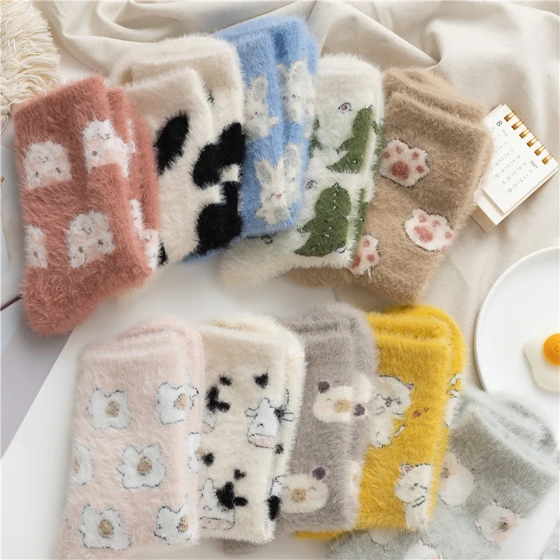 Winter Fashion Accessories Gifts For Women Solid Cozy Plush Faux Fur Mink Hairy Fluffy Room Floor Slipper Sofa Sleep Fuzzy Socks