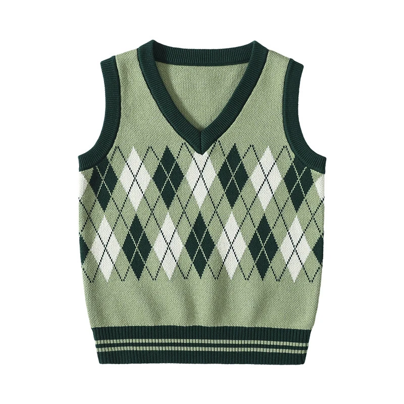 Vintage Plaid Knit Sweater Vests Stylish Autumn V-neck Panelled Sleeveless Jumpers Knitwear Warm Knitted Pullover