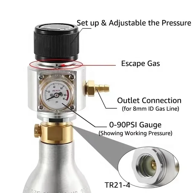 Upgrade Co2 Regulator,Mini Co2 Charger For Soda Water Gas Cylinder Tr21*4 0-90PSI Homebrew Kegging Fast Carbonation