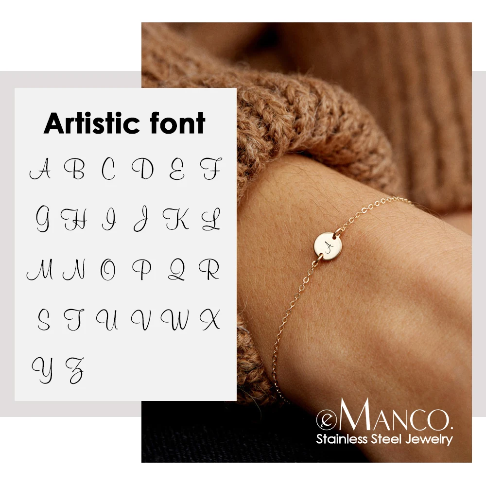 eManco INS Hot sale best quality initial letter pendant charm gold stainless steel a to z alphabet bracelet 6MM