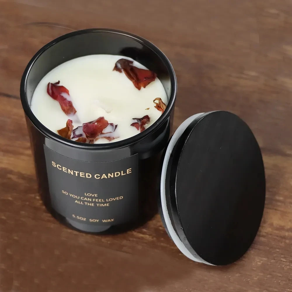 Valentines Day Rose Flower Soy Wax Fragrance Candle Handmade Home Decor Glass Jar Gift Scented Candle With Wood Lid