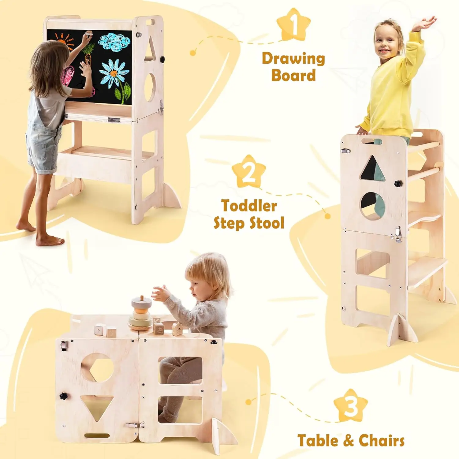 Learning Tower for Toddlers Foldable Kitchen Step Helper Stool with Adjustable Height & Safety Rail for Kids Kitchen helper