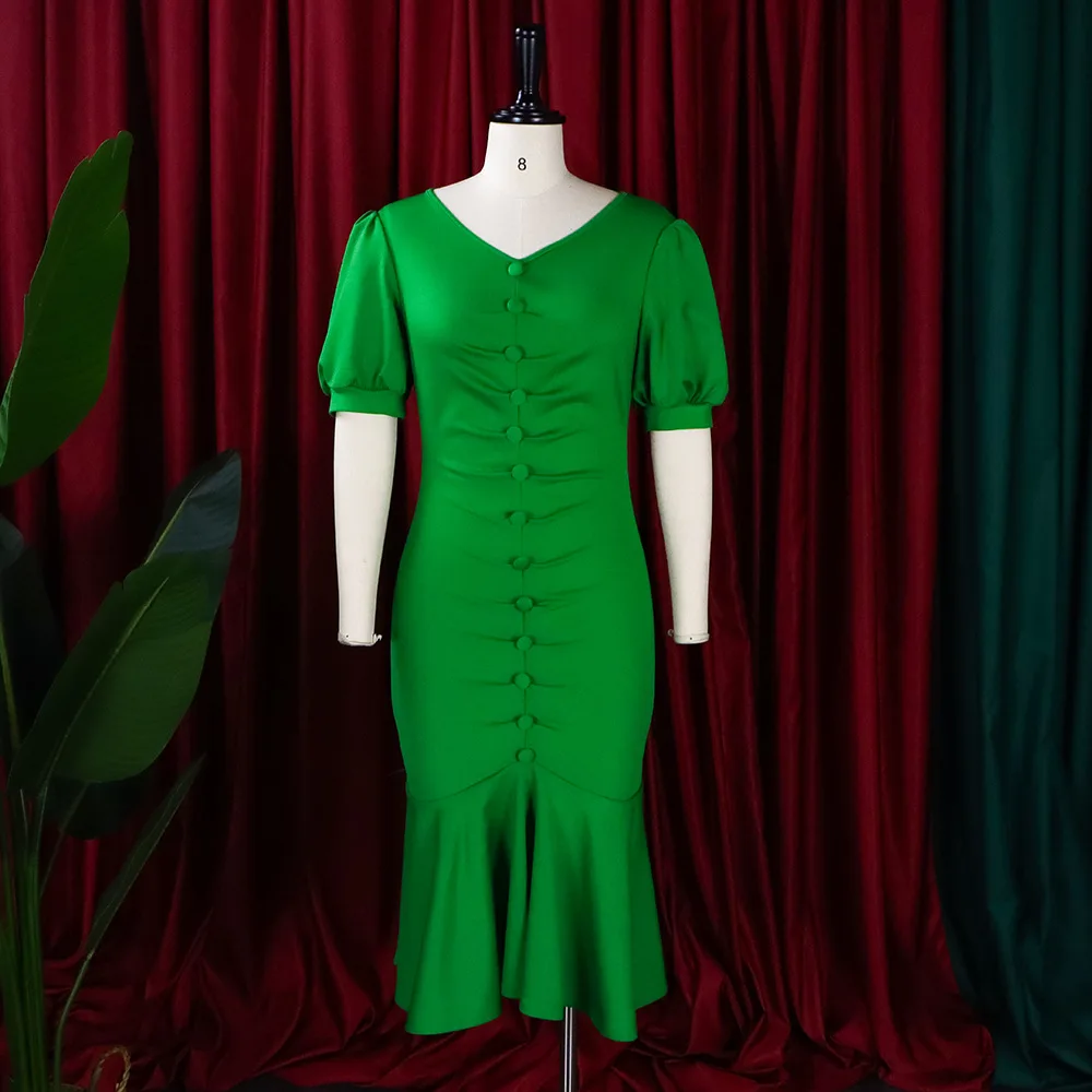 Customized New Design Women Wear Plain Color Ruffled Working Dress Green Beautiful Elegant Office Lady Pencil Career Dresses
