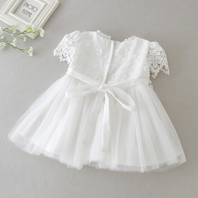 High Quality Short Sleeve Lace Baptism Christeing Baby Long White Dress