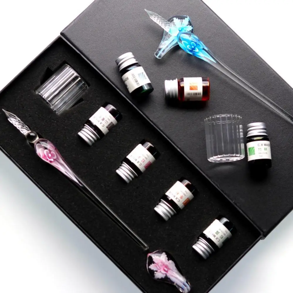 Wholesale Vintage calligraphy writing gift pen set colorful glass dip pen set with ink