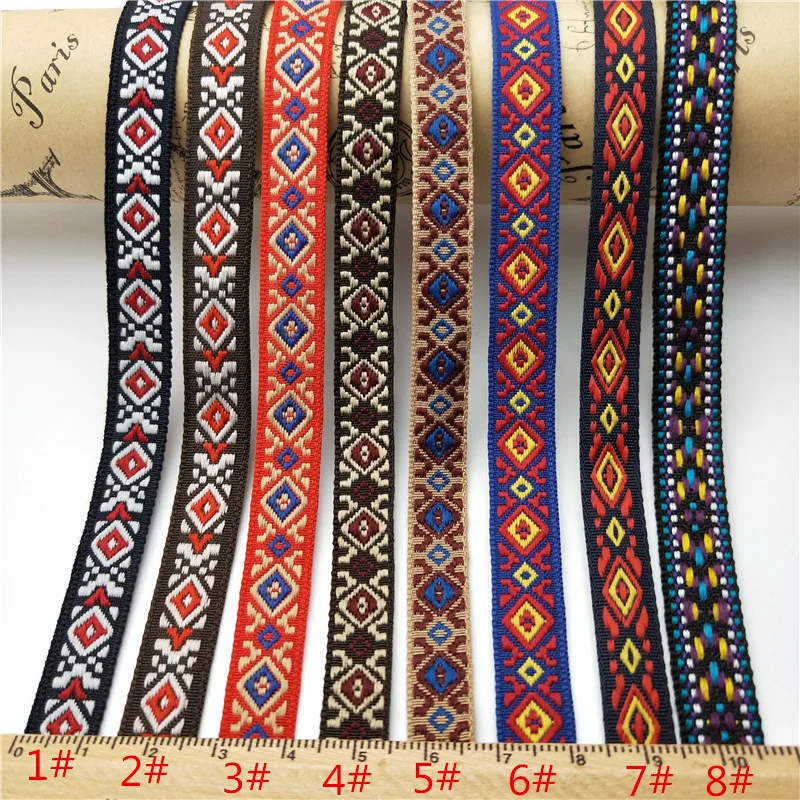 REWIN Cloth Decoration DIY 1cm Floral Embroidery Ribbon Strap Trim 10mm Wide Ethic Rhombus Woven Jacquard Ribbon Webbing