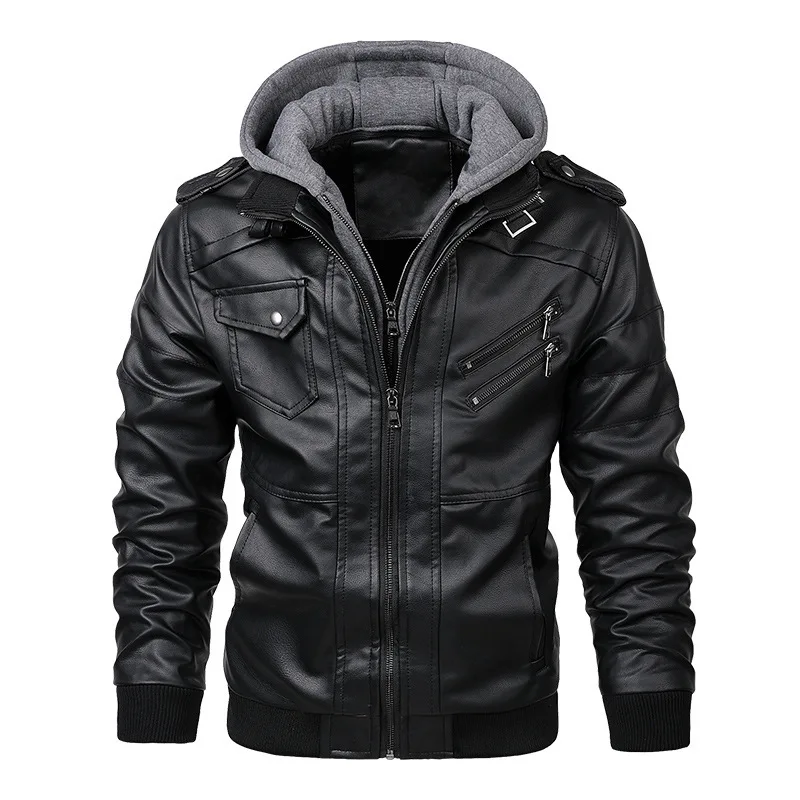 Color: 1-24  Z22S119  Leather men  double zip hooded biker leather jacket detachable coat with hat