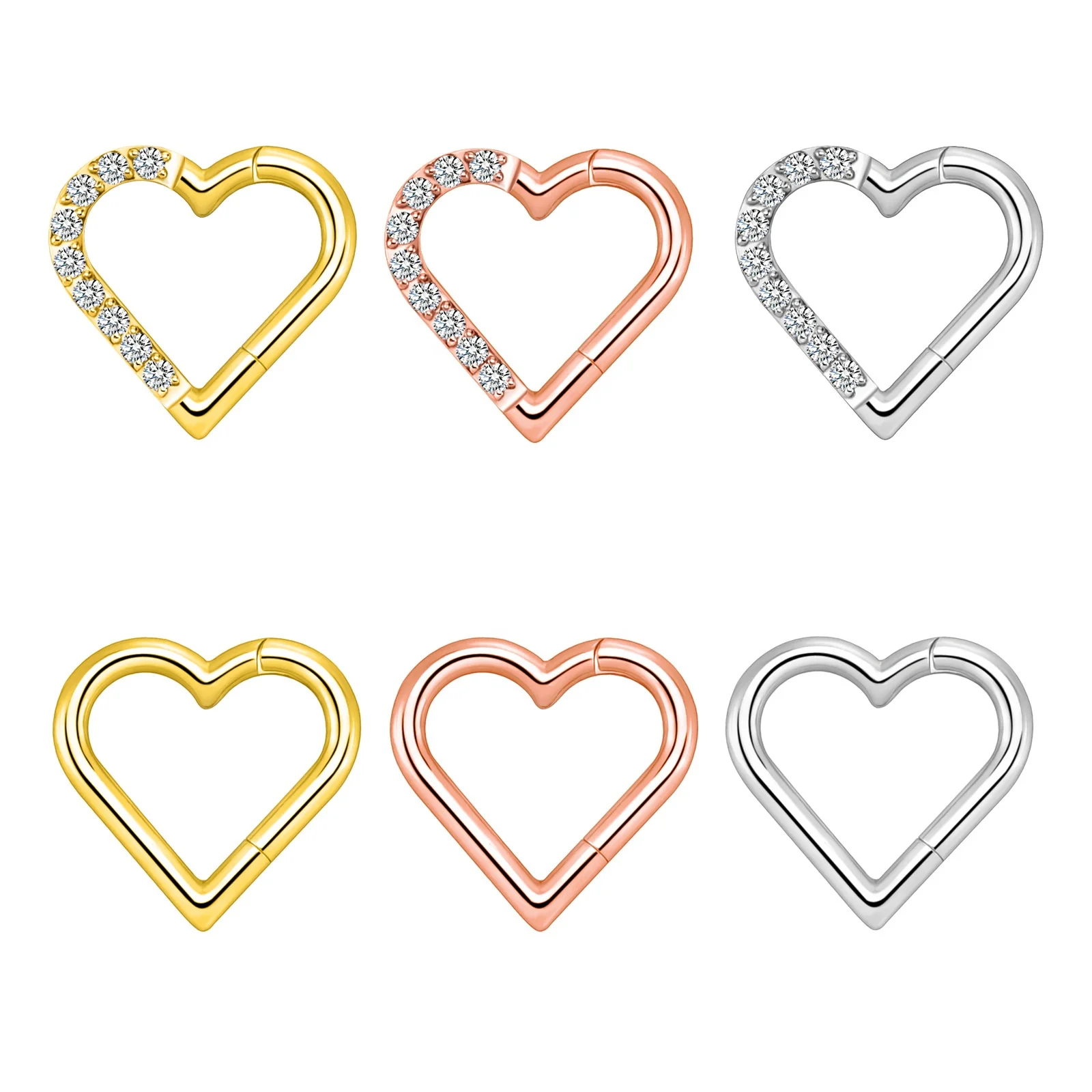G23 Titanium Hinged Hoop Segment Sleeper Earrings Heart Shaped Zircon Nose Ring Clicker Piercings Jewelry Stainless Steel
