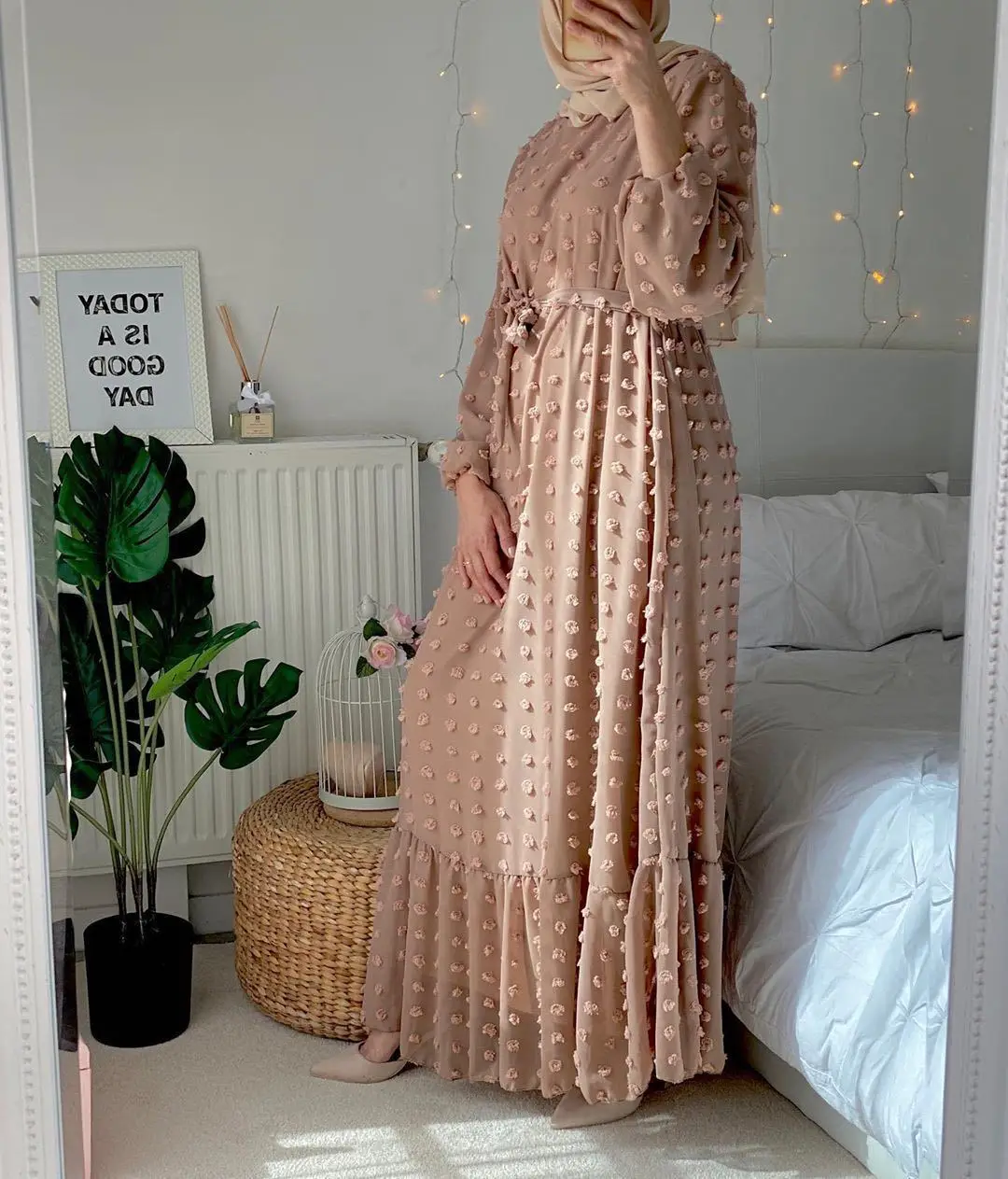 
latest women Dubai solid Muslim high waist plus size crew neck Gauze bow maxi abaya long dress 