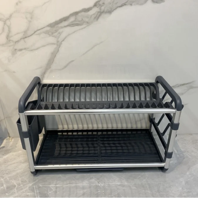 Plate Bowl Cups Spoon Storage Rack Kitchen Counter Dish Drainer Organizer Large Aluminum 2 Tier Dish Rack and Drainboard Set