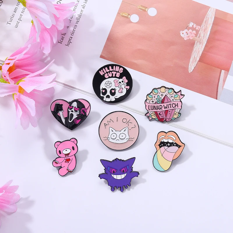 Custom witch bear tongue ghost call brooches pink punk enamel pins lapel badges gothic Halloween cartoon gift for friends