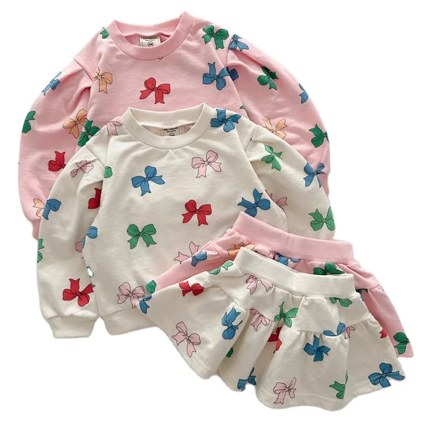 Toddler Girls Custom Bow Print Long Sleeve Sweatshirt & Skirt Set Kids Outfits